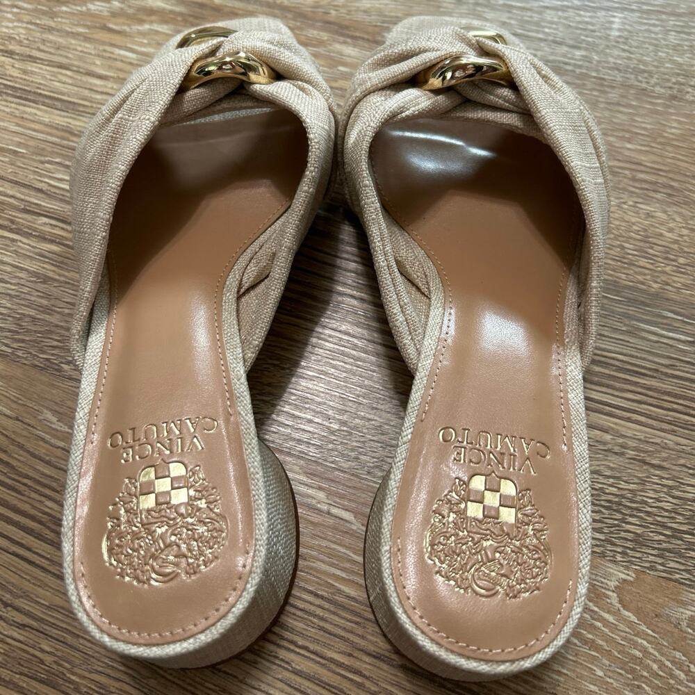 Vince Camuto Liane Natural Linen Raffia Slide Sandals Gold Ring Round Heel New 9 - Picture 6 of 14